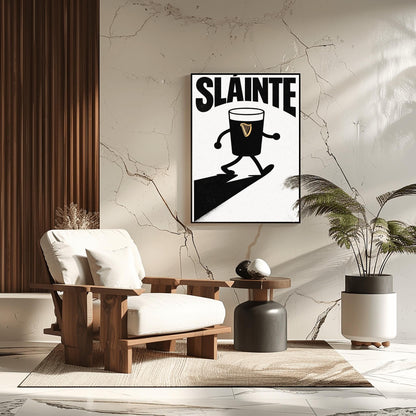 A vertical minimalist graphic in black and white. A pint of Guinness with thin black cartoon arms and legs is shown walking. The word "SLÁINTE" is arched at the top in a bold black font. The pint features a small gold harp logo.