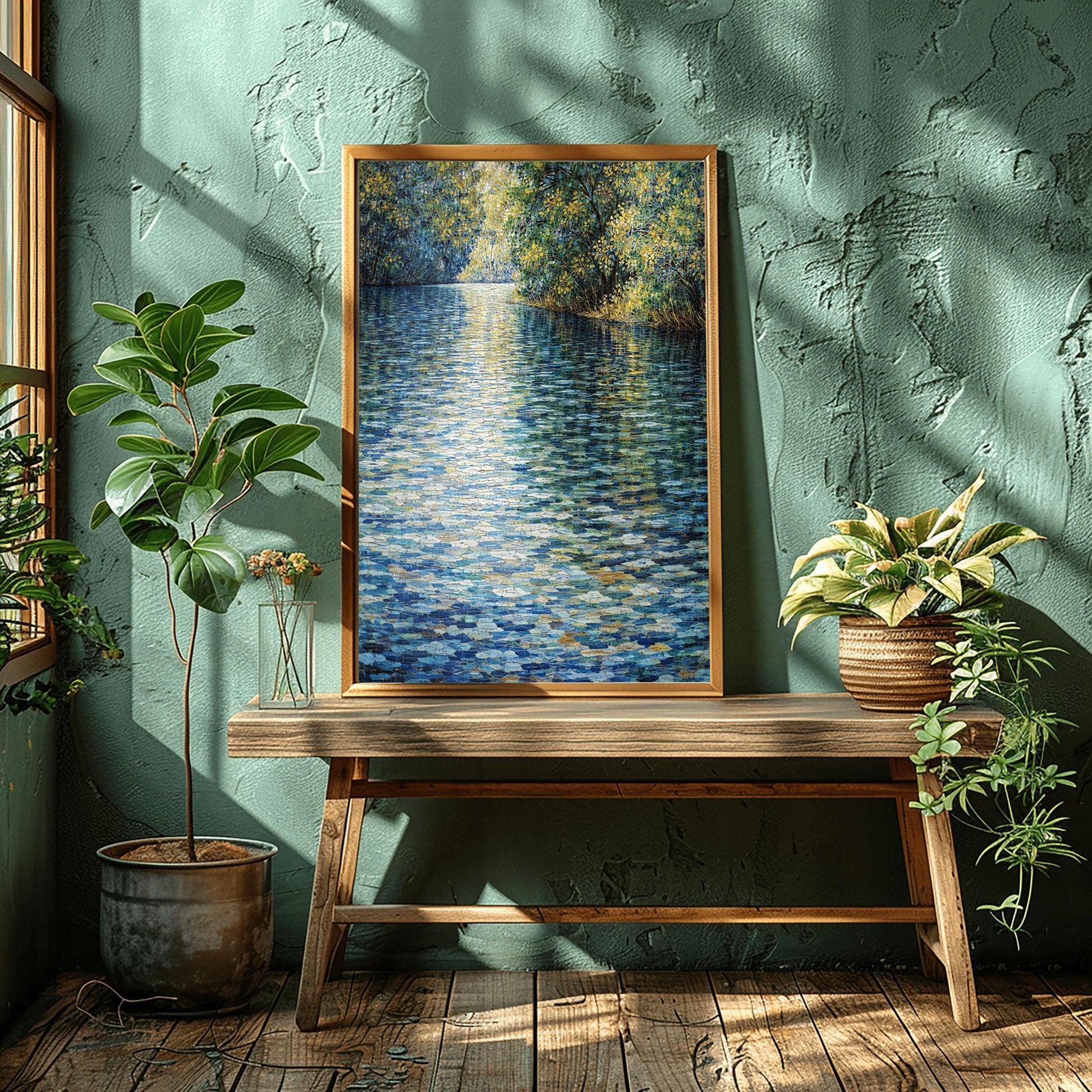 A horizontal landscape art print in the style of Gustav Klimt. A wide river fills the foreground and center, rendered as a shimmering mosaic of deep blue, teal, and white tiles. Bright yellow sunlight reflects off the water at the top, creating a golden glow. The river is bordered on the right by a dense bank of trees with green and gold leaves, also shown in a mosaic or pointillist style.