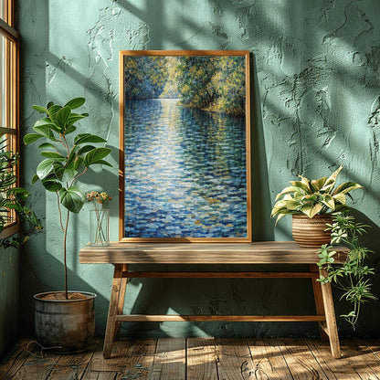 A horizontal landscape art print in the style of Gustav Klimt. A wide river fills the foreground and center, rendered as a shimmering mosaic of deep blue, teal, and white tiles. Bright yellow sunlight reflects off the water at the top, creating a golden glow. The river is bordered on the right by a dense bank of trees with green and gold leaves, also shown in a mosaic or pointillist style.