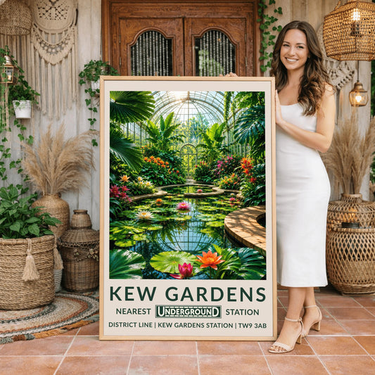 A vertical retro London Underground travel poster for Kew Gardens on a wide cream border. The top image shows an immersive illustration inside a grand Victorian glass conservatory dome. A curved brick pathway encircles a glassy pond filled with giant round lily pads and blooming pink, orange, and white lotus flowers that reflect the grid of the glass roof. Towering fan palms and exotic orange flowers frame the sides, leading to an arched glass doorway in the background.