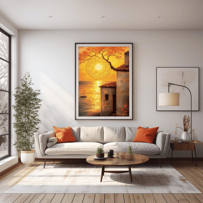 A vertical fine art print in the style of Gustav Klimt. A large, intricate golden mosaic sun hangs in an orange sky, partially framed by a dark tree branch. In the foreground, a rustic white villa with a red roof stands next to a golden sea where a small sailboat is visible. The entire scene is bathed in warm gold and amber light.