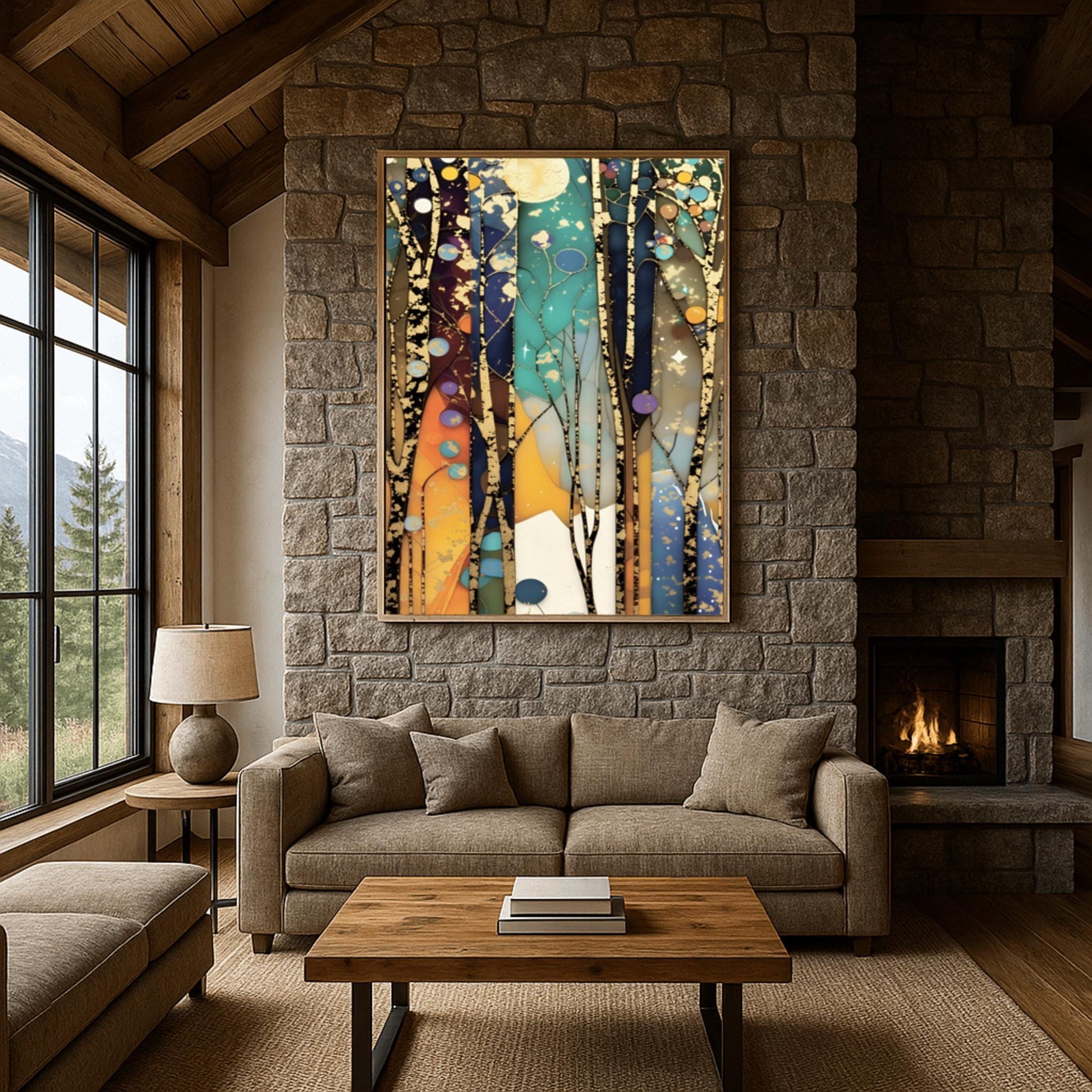 A vertical abstract painting in the style of Gustav Klimt. Tall, slender tree trunks with heavy gold-leaf textures and dark patterns rise vertically across the canvas. The background consists of vertical panels of teal, navy, and amber, resembling stained glass. Small golden orbs and stars are scattered throughout the composition, creating a glowing, celestial atmosphere.