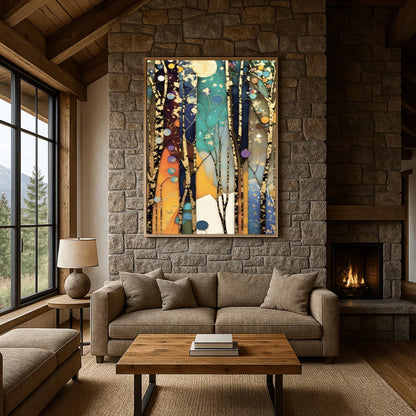 A vertical abstract painting in the style of Gustav Klimt. Tall, slender tree trunks with heavy gold-leaf textures and dark patterns rise vertically across the canvas. The background consists of vertical panels of teal, navy, and amber, resembling stained glass. Small golden orbs and stars are scattered throughout the composition, creating a glowing, celestial atmosphere.