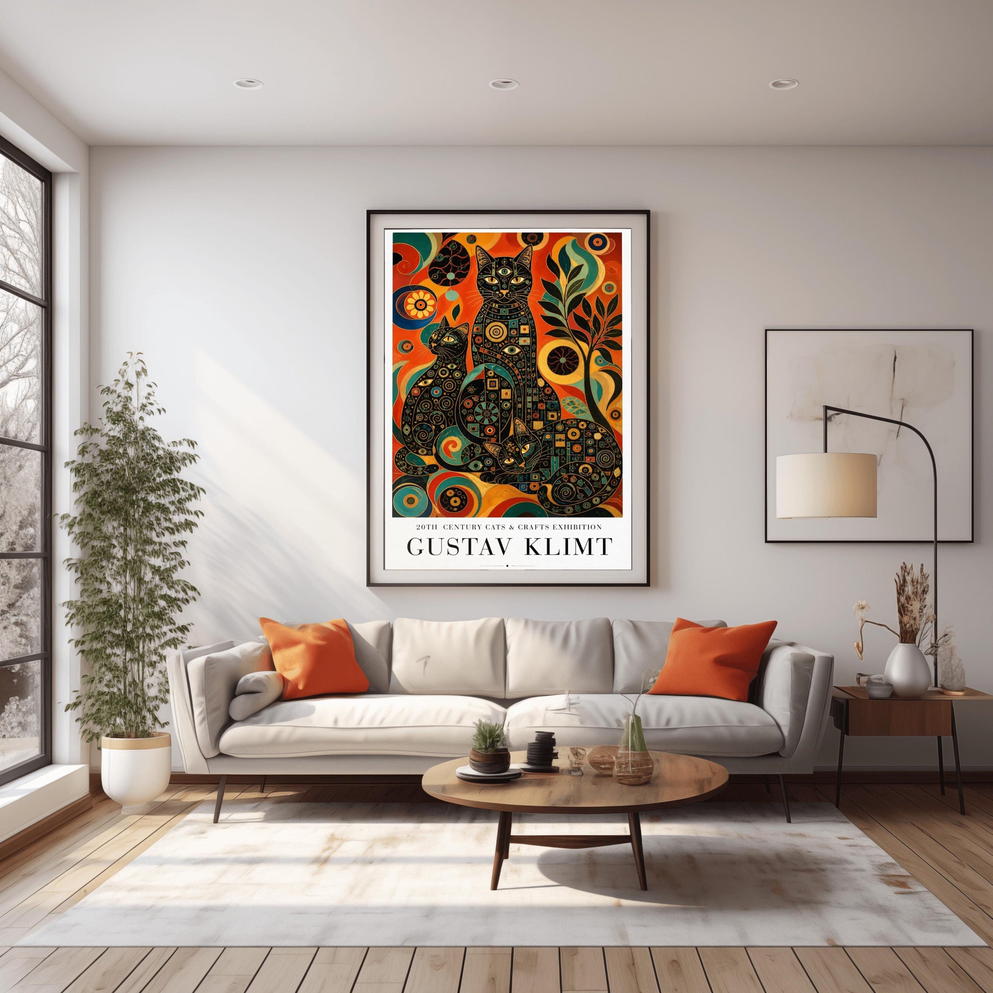 A vertical art print in the style of Gustav Klimt. Three black cats are positioned together, their bodies covered in intricate colorful mosaics of circles, squares, and eye symbols in gold, teal, and red. The background is a vibrant abstract of swirling orange, red, and yellow patterns with a stylized black tree to the right. The bottom of the poster features clean black text that reads "20th Century Cats & Crafts Exhibition" and "Gustav Klimt."