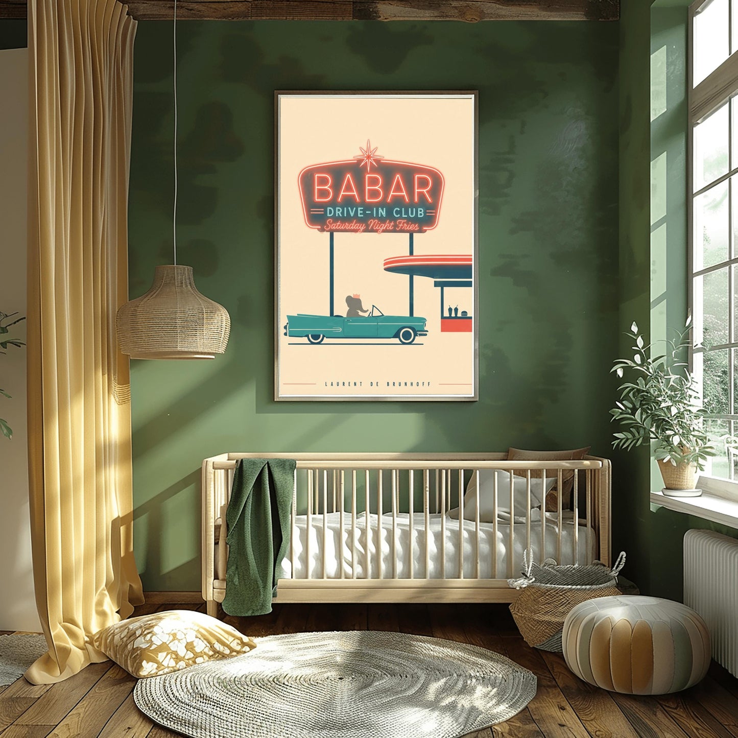 A minimalist graphic vintage-style poster on a solid cream background. At the top, a large retro neon-style sign glows with a red border and teal lettering that reads "BABAR DRIVE-IN CLUB - Saturday Night Fries". Below the sign, a silhouette of a cartoon elephant wearing a crown sits inside a classic teal 1950s convertible car. The car is parked next to a simplified red and teal drive-in order window featuring two milkshakes and a burger silhouette.