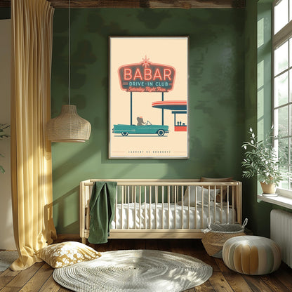 A minimalist graphic vintage-style poster on a solid cream background. At the top, a large retro neon-style sign glows with a red border and teal lettering that reads "BABAR DRIVE-IN CLUB - Saturday Night Fries". Below the sign, a silhouette of a cartoon elephant wearing a crown sits inside a classic teal 1950s convertible car. The car is parked next to a simplified red and teal drive-in order window featuring two milkshakes and a burger silhouette.