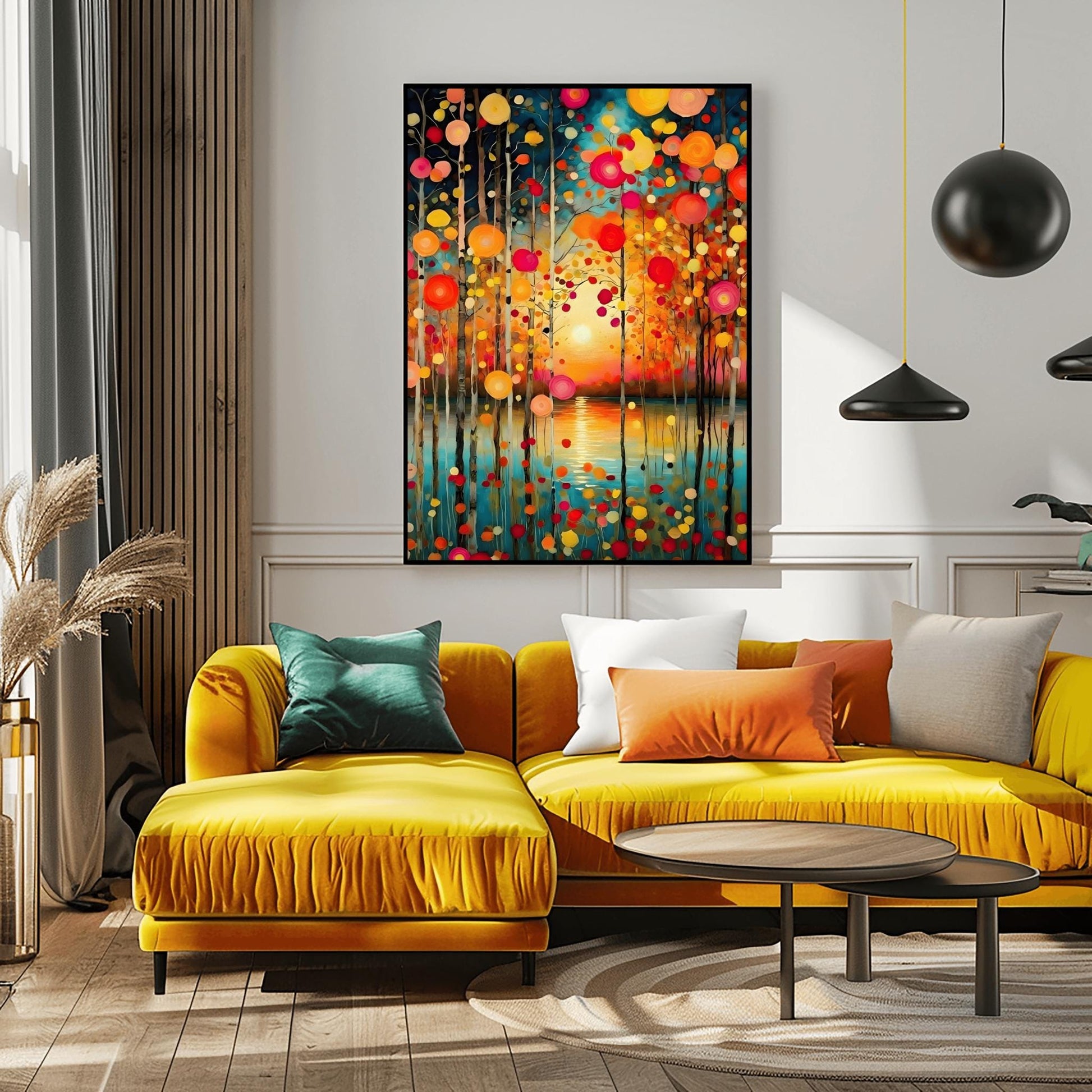 A vertical oil painting in the style of Gustav Klimt. Slender birch trees stand in the foreground of a calm turquoise lake. A soft, glowing sun is centered on the horizon, reflecting in the water. The trees are decorated with floating, circular mosaic leaves in vibrant shades of red, orange, and yellow. The style is highly textured with decorative patterns throughout the sky and water.