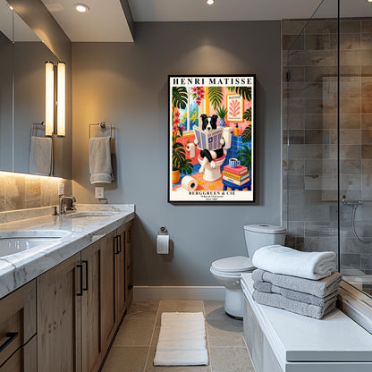 A vertical maximalist art print designed as a Henri Matisse exhibition poster. A black and white Border Collie is sitting on a white toilet with its legs crossed, holding and reading a newspaper titled "Le Journal." The bathroom is vibrantly colored with pink walls, blue wall tiles, and a pink and yellow checkered floor. The room is filled with large green tropical plants and red flowers. A stack of art books and a striped mug sit on a blue stool.
