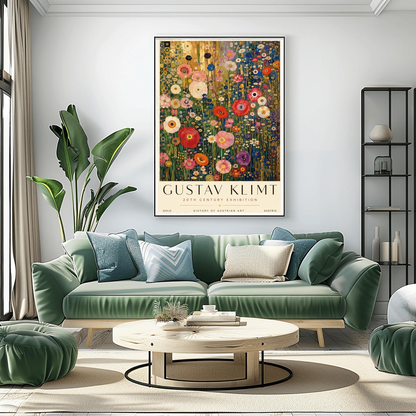 A vertical retro exhibition poster for Gustav Klimt set on a wide ivory border. The central image shows a detailed Art Nouveau illustration of a dense field of tall poppies and wildflowers in shades of red, pink, white, orange, and purple. The background behind the flowers features metallic gold patterns and concentric circles on the left, and a dark blue grid design on the right. The text at the top reads "GUSTAV KLIMT" in a clean black font