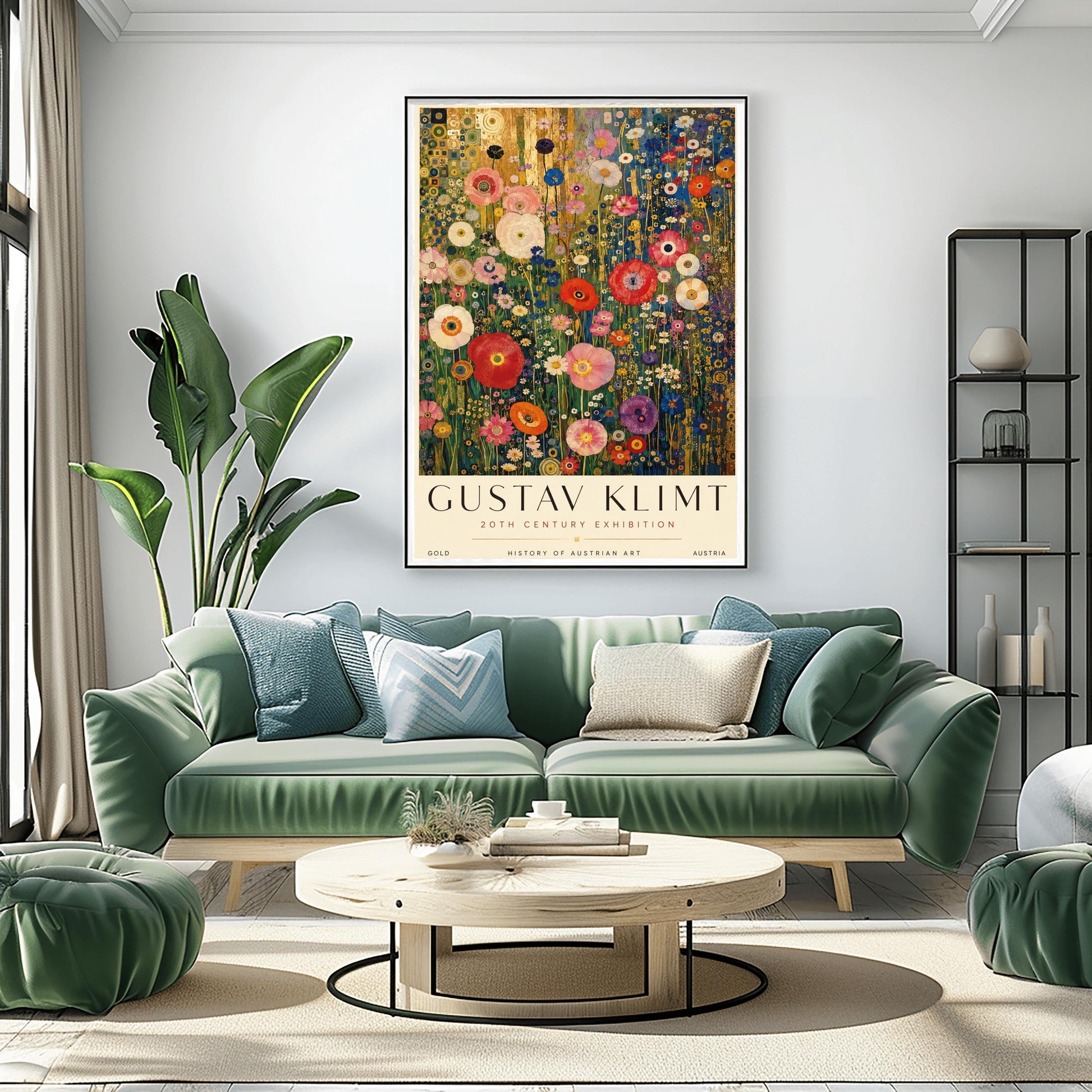 A vertical retro exhibition poster for Gustav Klimt set on a wide ivory border. The central image shows a detailed Art Nouveau illustration of a dense field of tall poppies and wildflowers in shades of red, pink, white, orange, and purple. The background behind the flowers features metallic gold patterns and concentric circles on the left, and a dark blue grid design on the right. The text at the top reads "GUSTAV KLIMT" in a clean black font