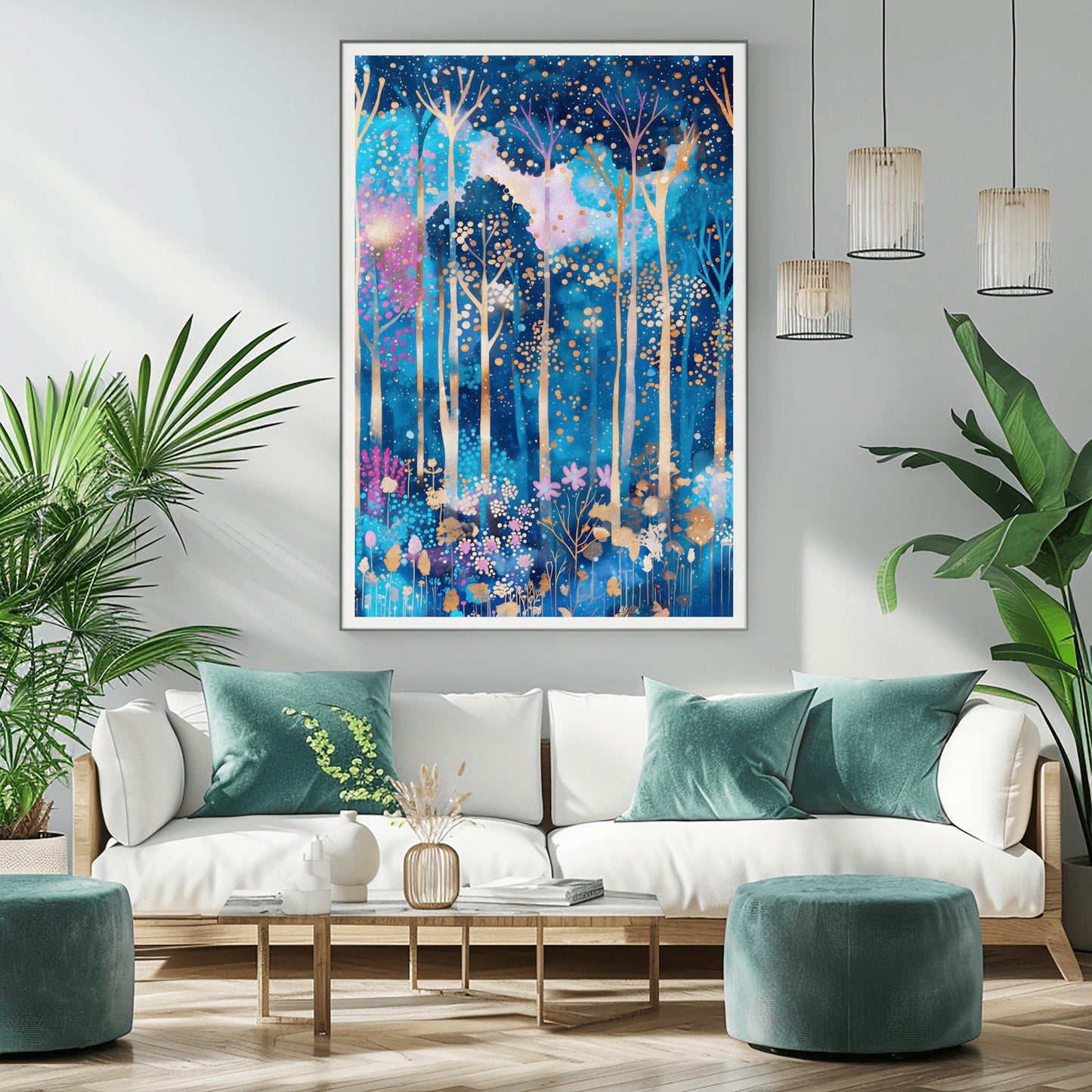 A vertical fine art print in the style of Gustav Klimt. A mystical forest with slender, glowing white and gold tree trunks set against a deep blue and periwinkle background. The canopy and floor are filled with thousands of tiny, glowing gold and amber dots, with small pink flowers at the base, creating a mosaic-like effect.