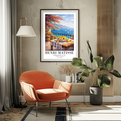 A vertical painterly illustration of a stone terrace with a black iron railing. A pink bougainvillea tree hangs from the top left over a wooden table with a bowl of oranges and lemons. Beyond the railing is a blue sea with white sailboats and a distant mountainous coastline.