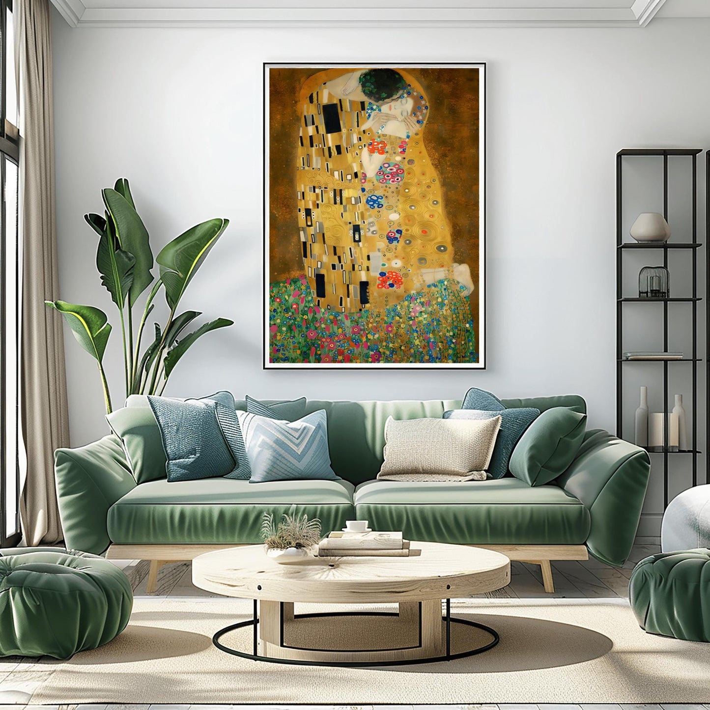 A vertical fine art print of "The Kiss" by Gustav Klimt. Two lovers are shown in an intimate embrace, their bodies covered in elaborate, decorative gold robes. The man's robe features black and white geometric shapes, while the woman's features colorful floral circles. They kneel on a lush bed of colorful wildflowers against a dark, shimmering gold background. The style is rich in mosaic-like patterns and Art Nouveau ornamentation.