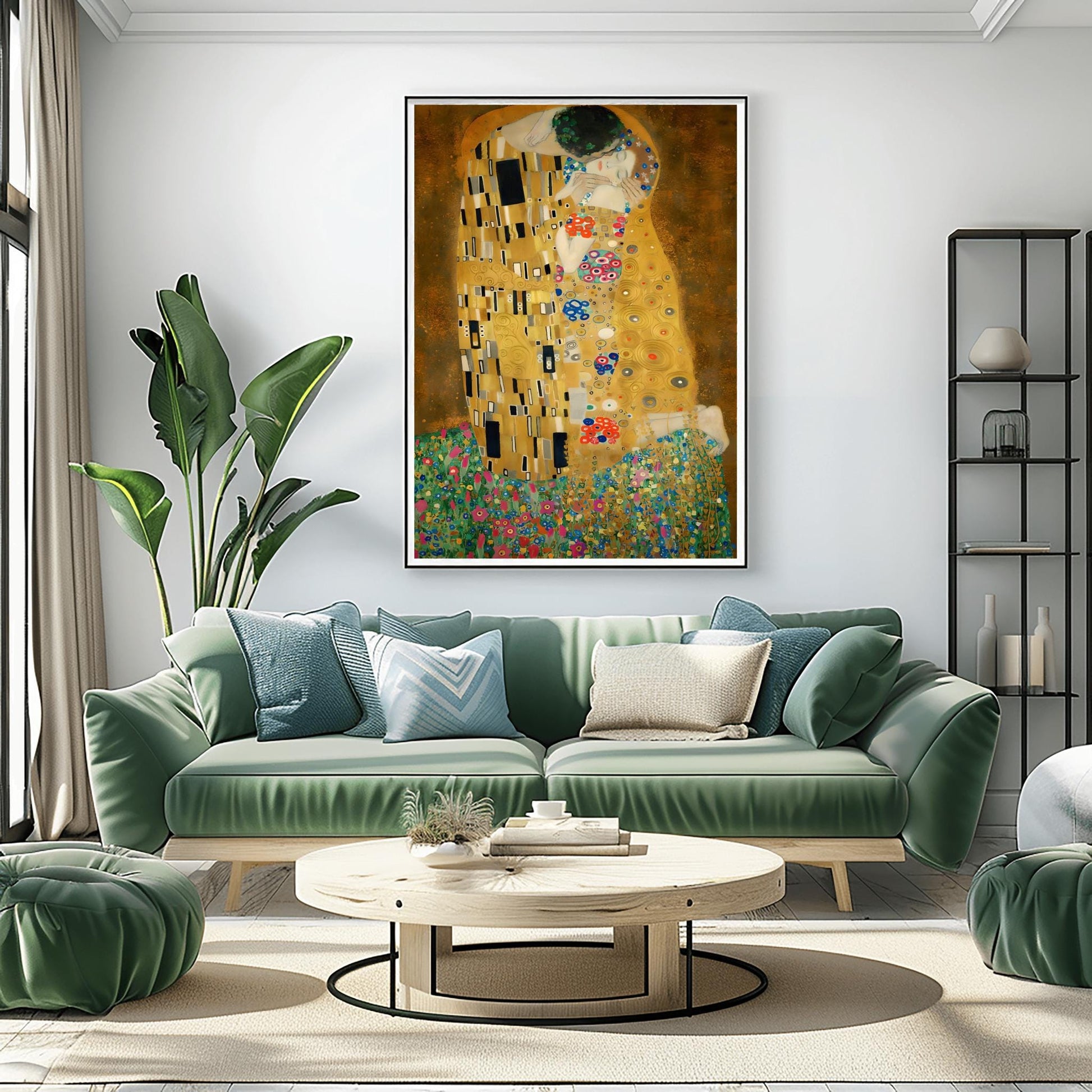 A vertical fine art print of "The Kiss" by Gustav Klimt. Two lovers are shown in an intimate embrace, their bodies covered in elaborate, decorative gold robes. The man's robe features black and white geometric shapes, while the woman's features colorful floral circles. They kneel on a lush bed of colorful wildflowers against a dark, shimmering gold background. The style is rich in mosaic-like patterns and Art Nouveau ornamentation.