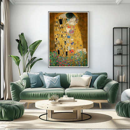 A vertical fine art print of "The Kiss" by Gustav Klimt. Two lovers are shown in an intimate embrace, their bodies covered in elaborate, decorative gold robes. The man's robe features black and white geometric shapes, while the woman's features colorful floral circles. They kneel on a lush bed of colorful wildflowers against a dark, shimmering gold background. The style is rich in mosaic-like patterns and Art Nouveau ornamentation.