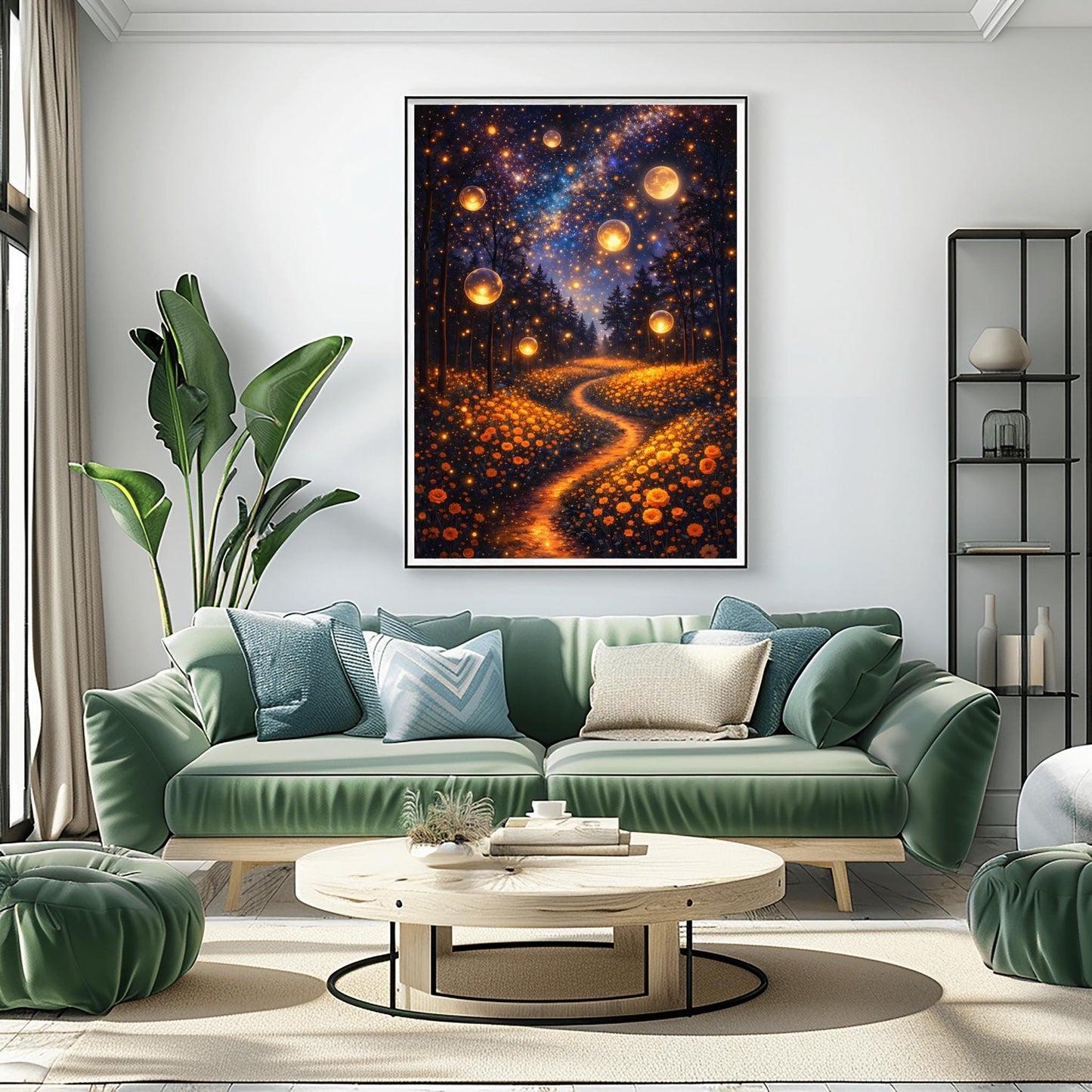 A vertical fine art print in the style of Gustav Klimt. Several large, glowing golden orbs float in a dark forest above a meadow of orange wildflowers. A winding path of golden light leads into the trees. The night sky is filled with a brilliant Milky Way and a large, glowing full moon.