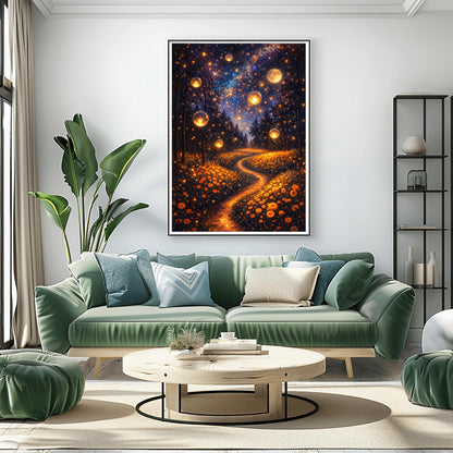 A vertical fine art print in the style of Gustav Klimt. Several large, glowing golden orbs float in a dark forest above a meadow of orange wildflowers. A winding path of golden light leads into the trees. The night sky is filled with a brilliant Milky Way and a large, glowing full moon.