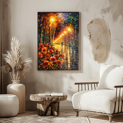 A vertical art print in the style of Gustav Klimt. In the bottom left, a large cluster of stylized red and orange roses with golden spiral centers is prominent. A rain-dampened path reflects the warm yellow light from a line of ornate street lamps. A small black silhouette of a person holding an umbrella walks down the path. The trees and sky are filled with decorative mosaics and swirls in blue, gold, and orange.