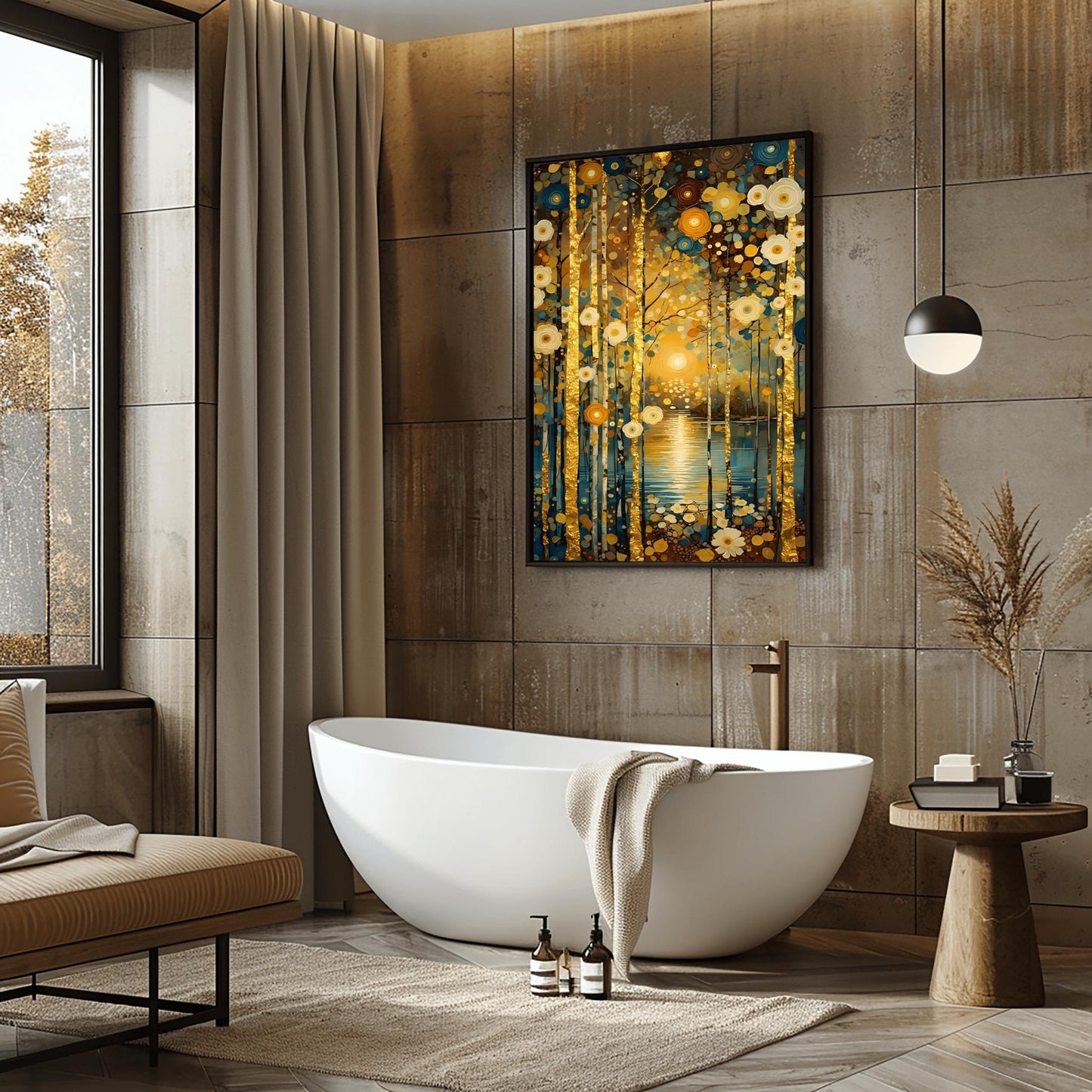A vertical, highly detailed oil painting in the style of Gustav Klimt. A forest of slender birch trees with textured gold-leaf bark stands before a calm blue lake. A bright, glowing sun is centered in the background, reflecting a shimmering golden path on the water. The scene is filled with stylized, circular flowers in cream, gold, and deep blue. The overall style is rich in mosaic-like textures and opulent gold accents.