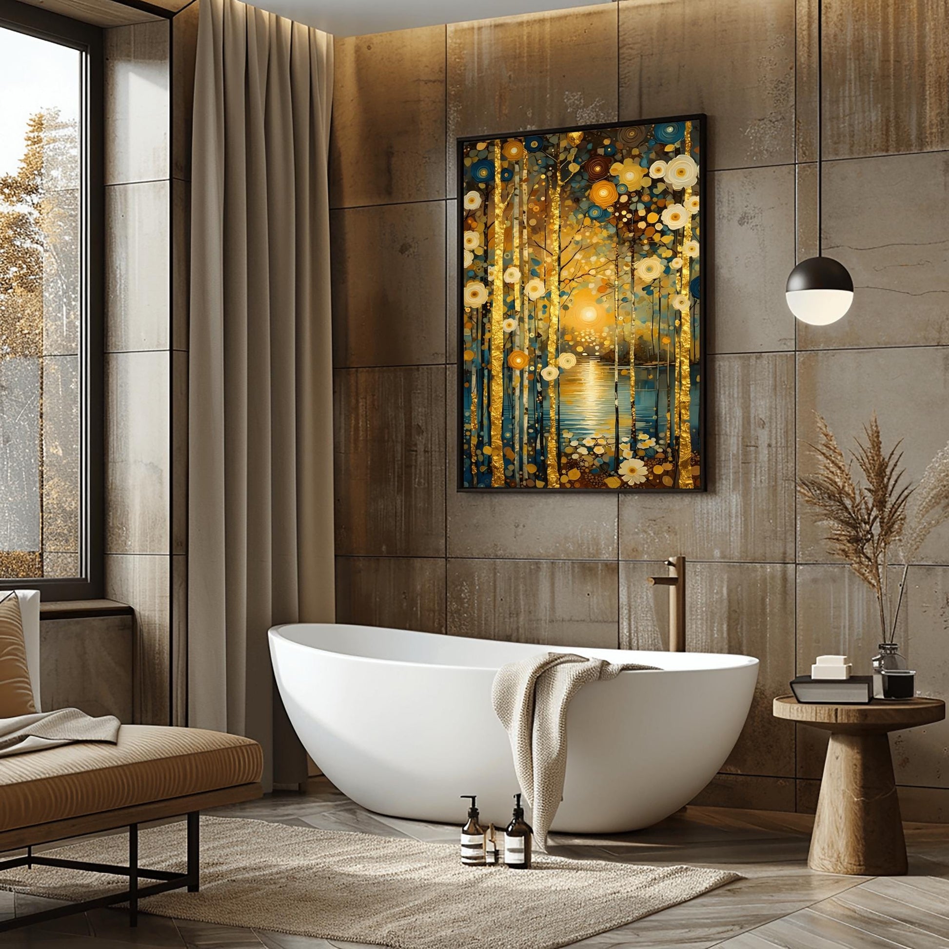 A vertical, highly detailed oil painting in the style of Gustav Klimt. A forest of slender birch trees with textured gold-leaf bark stands before a calm blue lake. A bright, glowing sun is centered in the background, reflecting a shimmering golden path on the water. The scene is filled with stylized, circular flowers in cream, gold, and deep blue. The overall style is rich in mosaic-like textures and opulent gold accents.