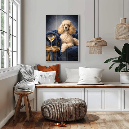 A vertical oil-style painting of a well-groomed white poodle sitting regally on a plush, dark blue velvet tufted armchair. To the left, a glass martini with two green olives on a toothpick sits on a round gold side table. The poodle has a calm, sophisticated expression. The background is a moody, dark grey-blue with visible painterly textures.