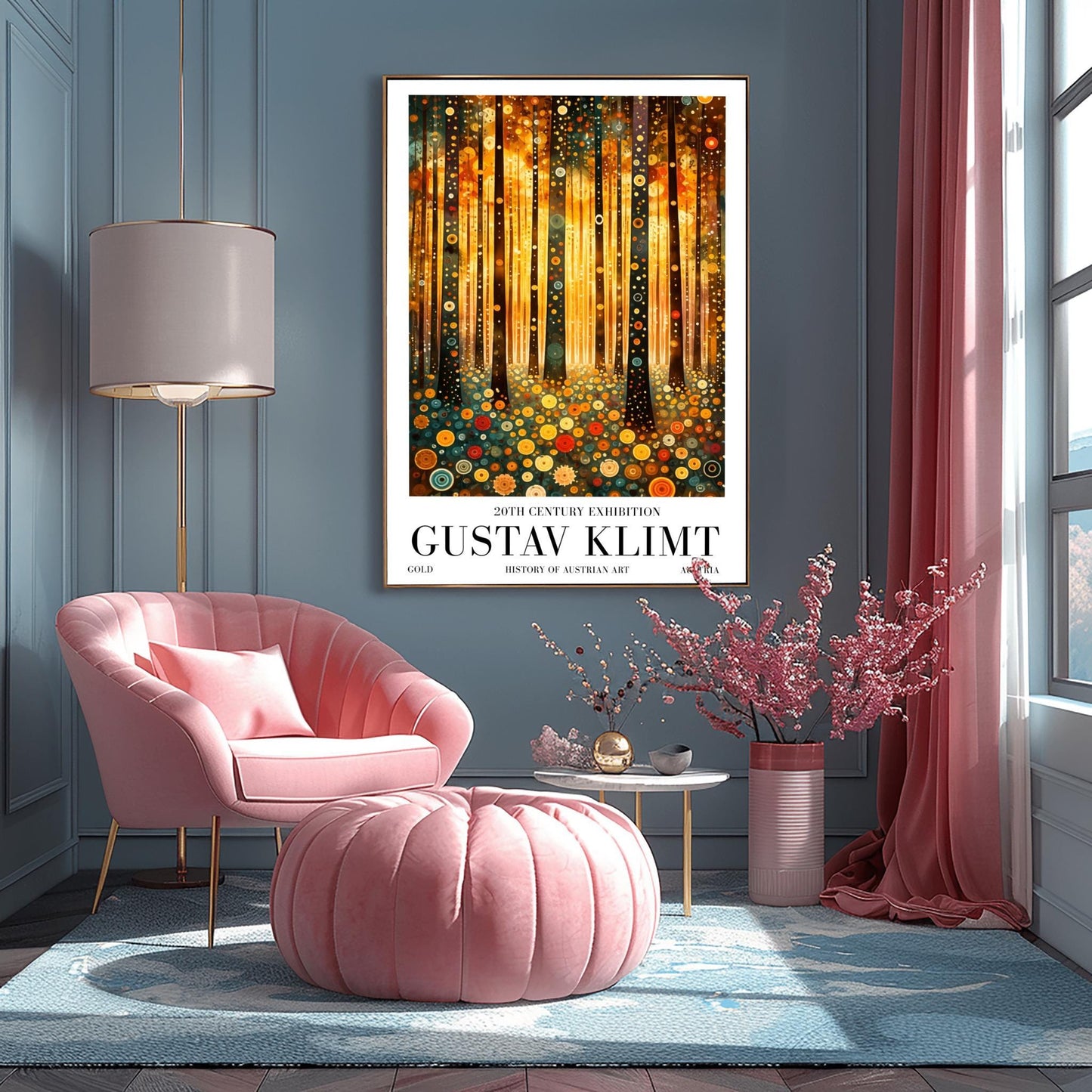 A vertical fine art print in the style of Gustav Klimt. Dark, slender tree trunks are decorated with various golden and colorful concentric circles. The forest floor is covered in similar circular floral patterns. A bright, warm golden light glows from the background, creating a high-contrast, ornate night forest scene.