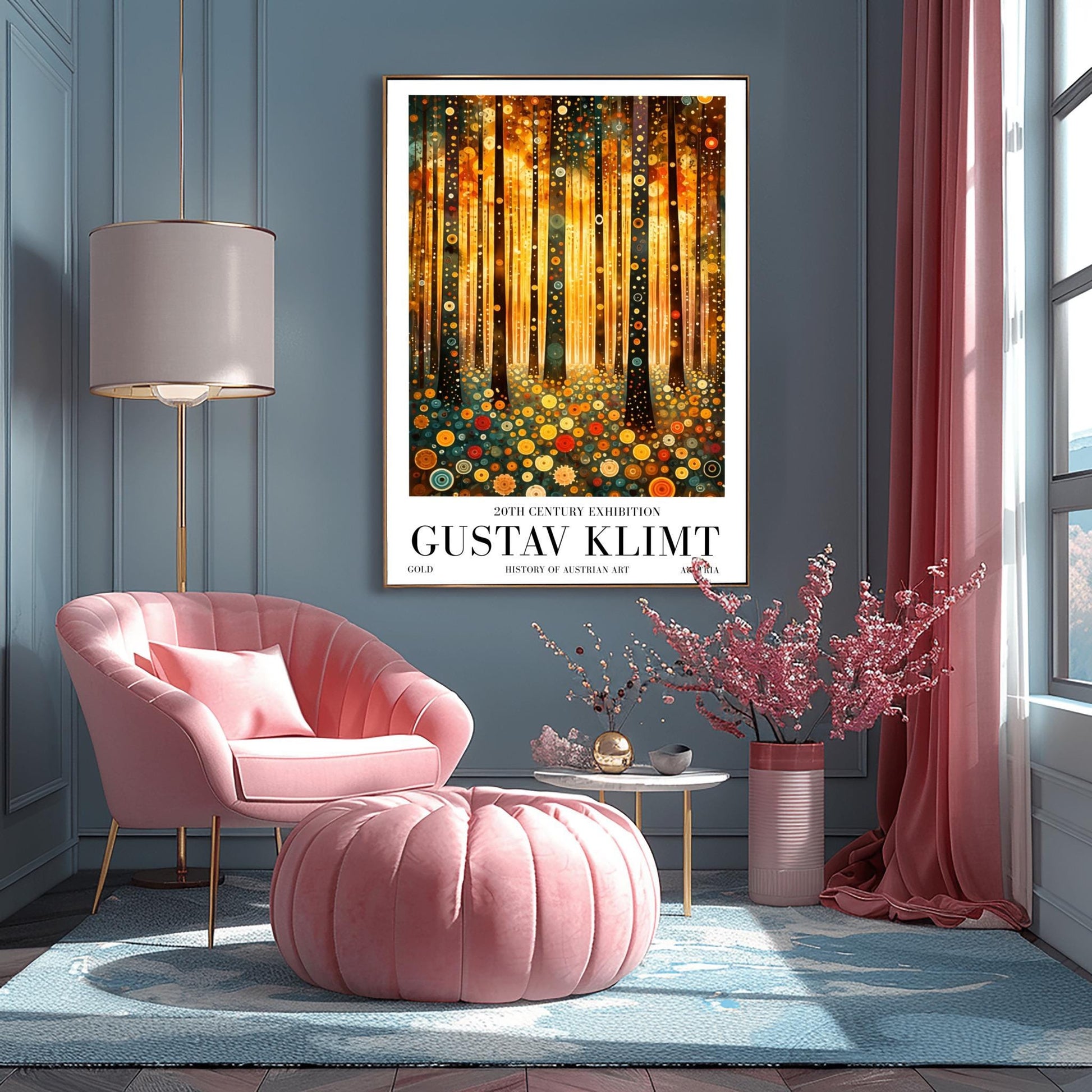 A vertical fine art print in the style of Gustav Klimt. Dark, slender tree trunks are decorated with various golden and colorful concentric circles. The forest floor is covered in similar circular floral patterns. A bright, warm golden light glows from the background, creating a high-contrast, ornate night forest scene.