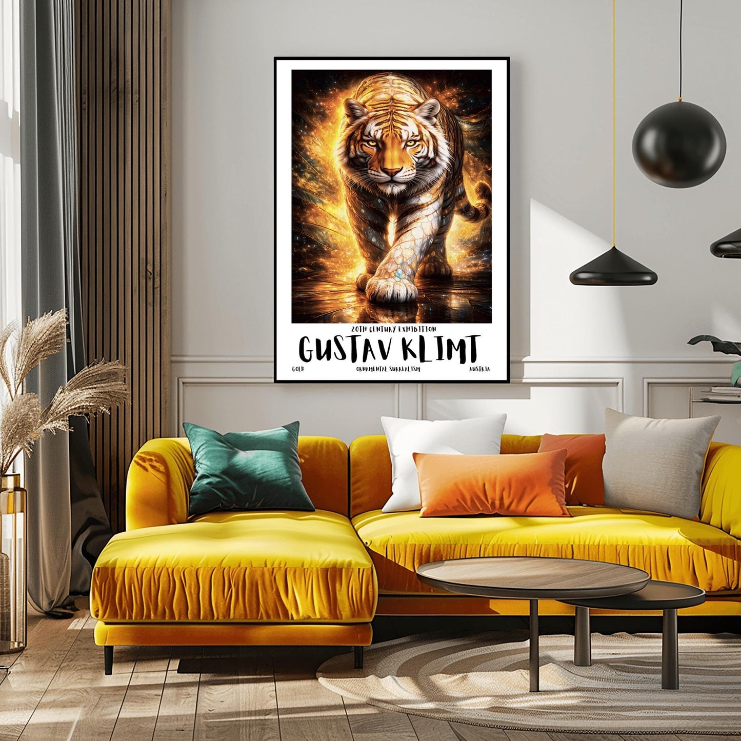 A vertical full-bleed illustration of a tiger in the style of Gustav Klimt. The tiger is prowling forward toward the viewer, its body covered in golden mosaic patterns and glowing orange light. The background is a swirl of amber sparks and gold-leaf textures.