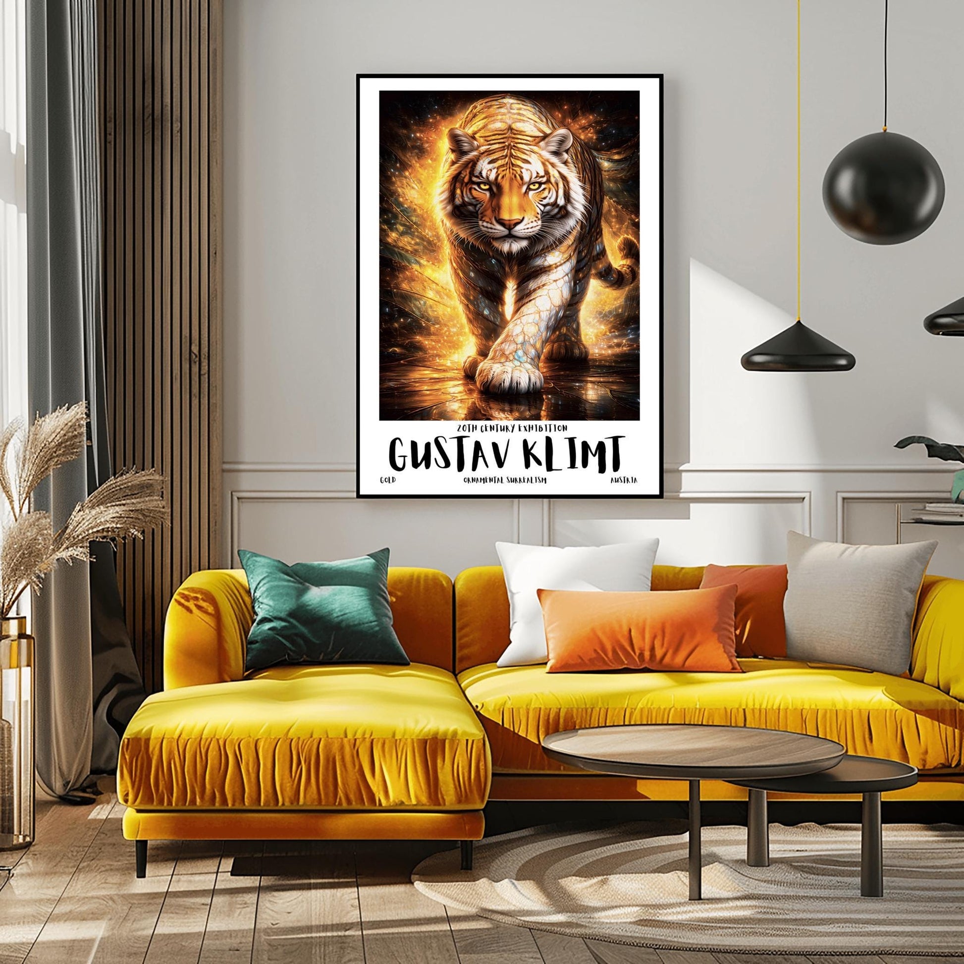 A vertical full-bleed illustration of a tiger in the style of Gustav Klimt. The tiger is prowling forward toward the viewer, its body covered in golden mosaic patterns and glowing orange light. The background is a swirl of amber sparks and gold-leaf textures.