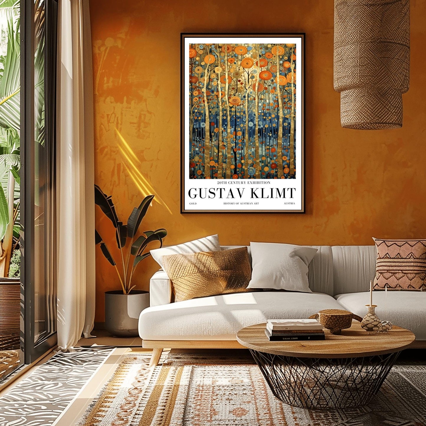 A vertical museum exhibition poster in the style of Gustav Klimt. Tall, slender tree trunks made of brilliant gold leaf stand against a background of orange, gold, and blue mosaic-style leaves. The bottom of the image is a deep indigo blue. Bold black text at the bottom reads "GUSTAV KLIMT" and "HISTORY OF AUSTRIAN ART."