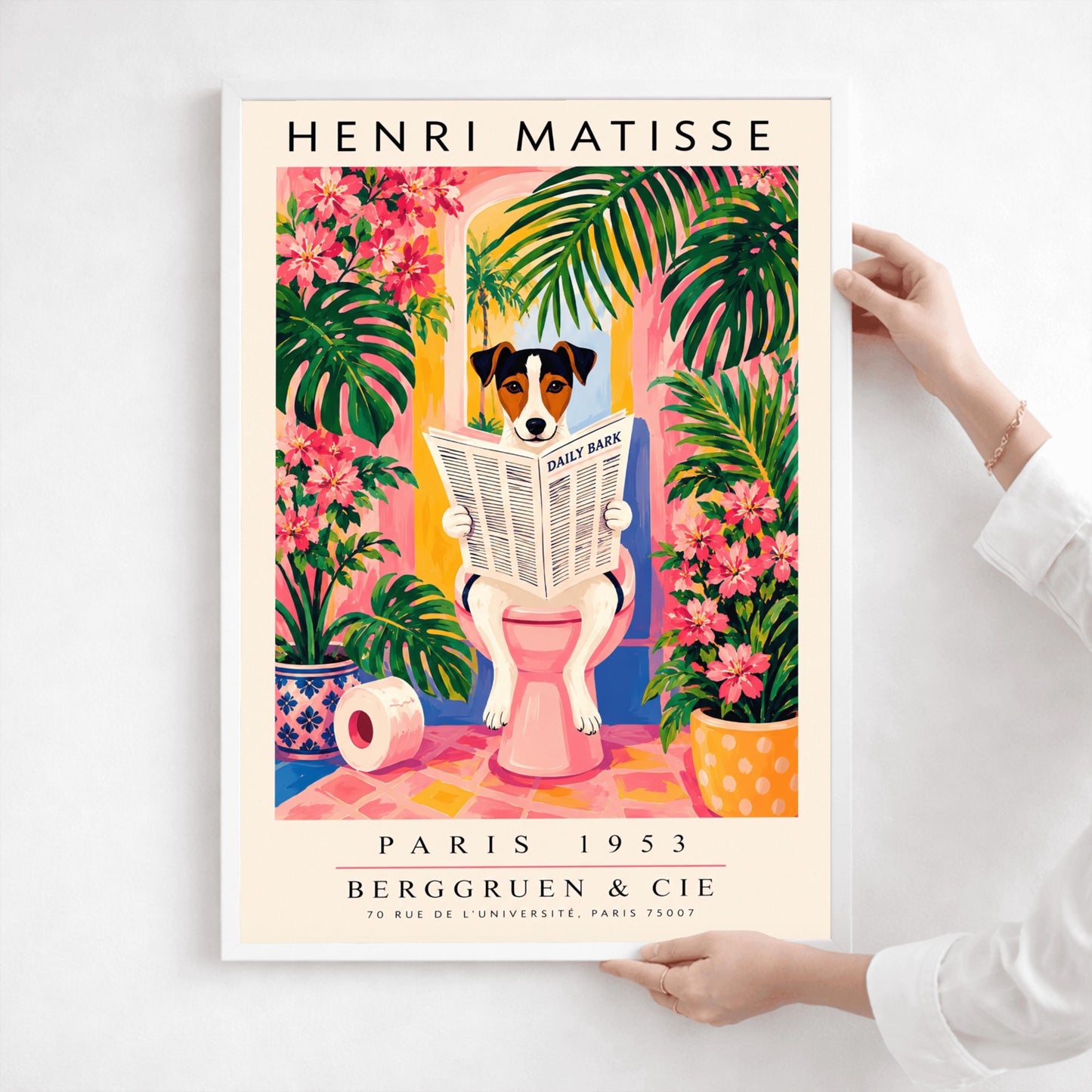 A vertical vintage-style art exhibition poster titled "HENRI MATISSE" at the top and "PARIS 1953 BERGGRUEN & CIE" at the bottom. The center illustration shows a tri-color Jack Russell Terrier dog sitting on a pink toilet inside a bright pink and yellow bathroom, reading a newspaper titled "DAILY BARK". The background features an open arch window with a tropical palm tree, large green leaves, bright pink flowers, and a roll of toilet paper on the floor.