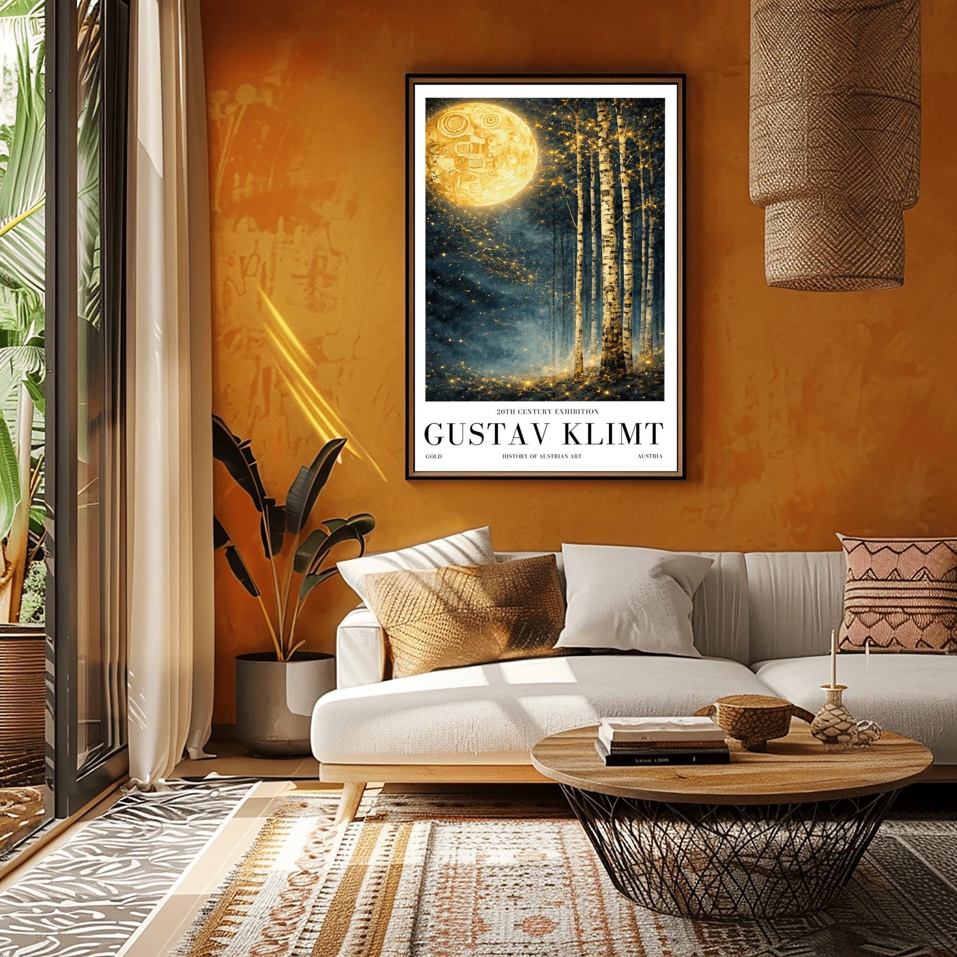 A vertical Art Nouveau illustration in the style of Gustav Klimt. A large, patterned golden moon sits in the upper left corner of a dark, misty teal forest. Slender birch trees stand on the right, while a swirl of golden stardust flows across the center.