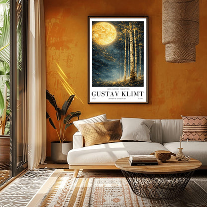 A vertical Art Nouveau illustration in the style of Gustav Klimt. A large, patterned golden moon sits in the upper left corner of a dark, misty teal forest. Slender birch trees stand on the right, while a swirl of golden stardust flows across the center.