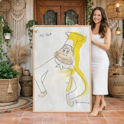 A vertical fine line ink sketch by Ludwig Bemelmans of a smiling chef. The chef has hands on his hips and wears a white uniform with a tall chef's hat. A bright splash of yellow watercolor runs vertically along the right side of his hat and shoulder. Handwritten words "Chef - Bad Hat" are in the top left, and the piece is signed "Bemelmans" in the bottom right corner.