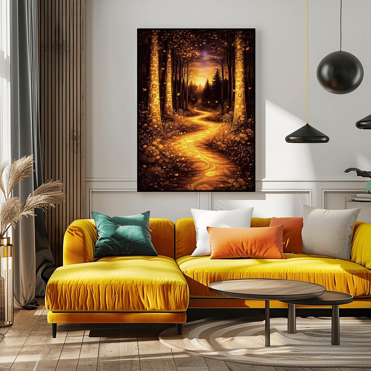 A vertical full-bleed illustration in the style of Gustav Klimt. A glowing, winding golden path flows through a dark forest. Large trees on either side are decorated with intricate golden mosaic patterns. The background features dark silhouettes of pines against a hazy, sunlit sky.
