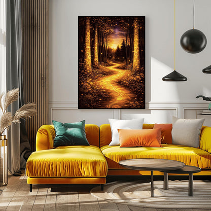 A vertical full-bleed illustration in the style of Gustav Klimt. A glowing, winding golden path flows through a dark forest. Large trees on either side are decorated with intricate golden mosaic patterns. The background features dark silhouettes of pines against a hazy, sunlit sky.