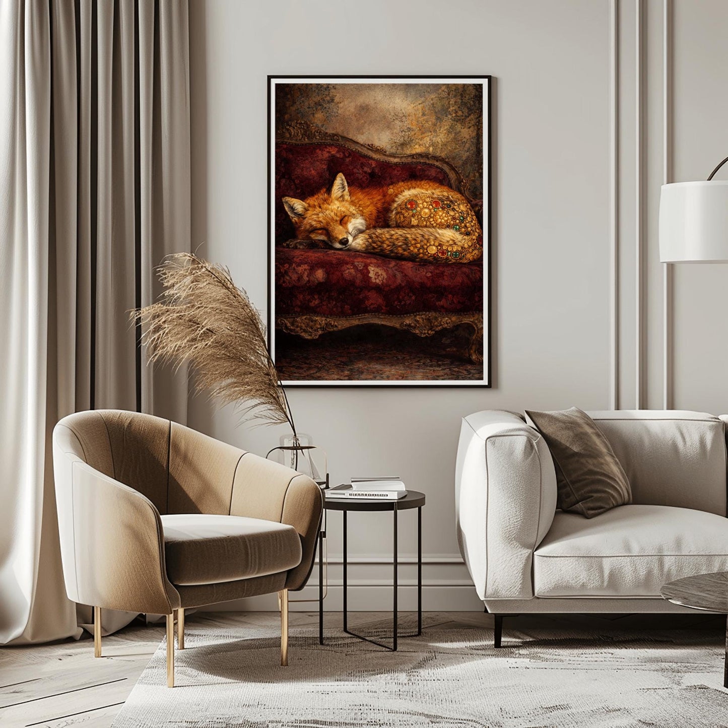 Gustav Klimt Sleeping Fox Art - Ornamental Surrealism Forest Animal Print - Luxury Gold & Crimson Velvet Decor - Gilded Red Fox Fine Art - Moody Maximalist Wall Decor