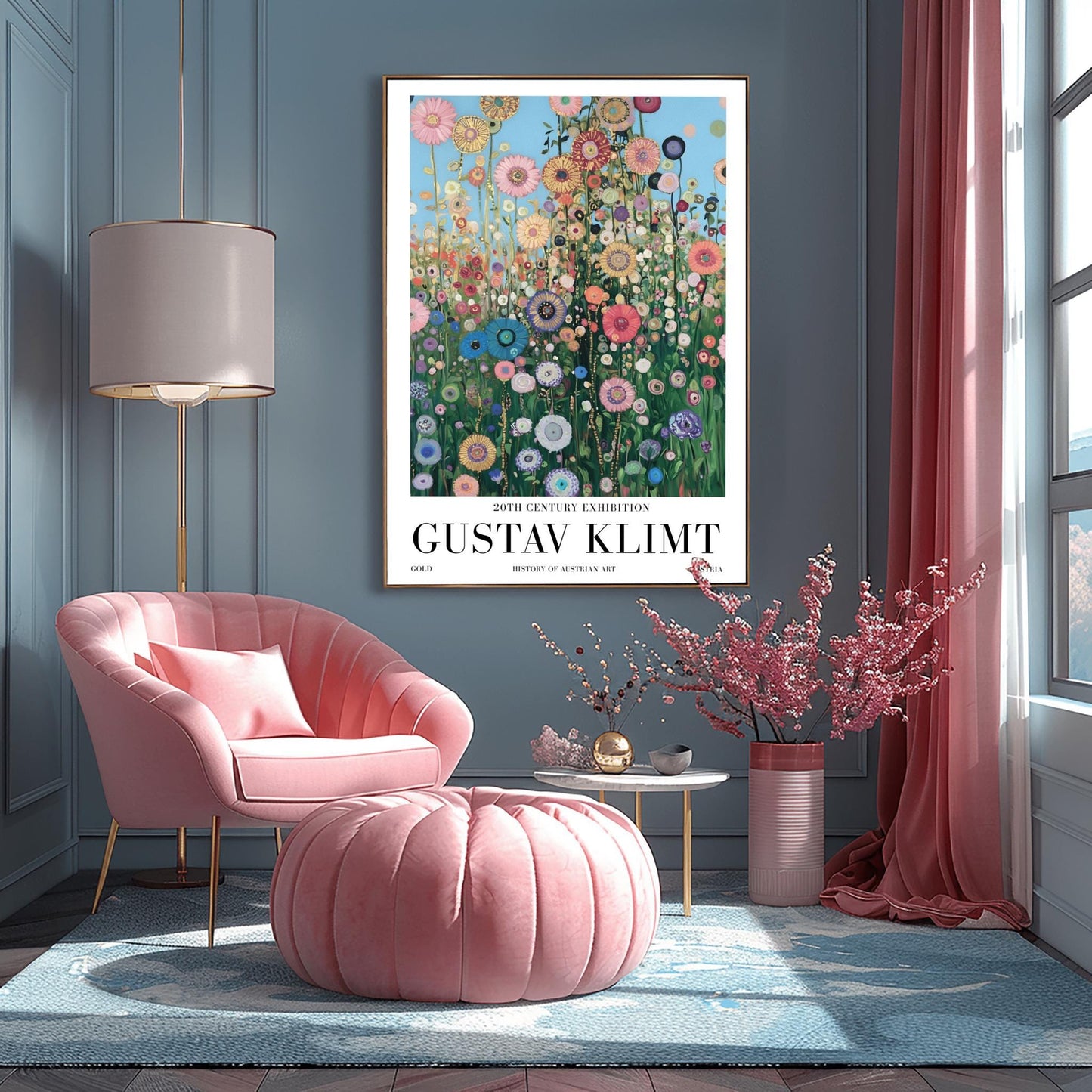 A vertical museum exhibition poster in the style of Gustav Klimt. A dense field of colorful, stylized wildflowers in pink, blue, and orange reaches upward toward a light blue sky filled with golden orbs. Each flower is detailed with mosaic patterns and gold leaf. Bold black text at the bottom reads "GUSTAV KLIMT" and "HISTORY OF AUSTRIAN ART."