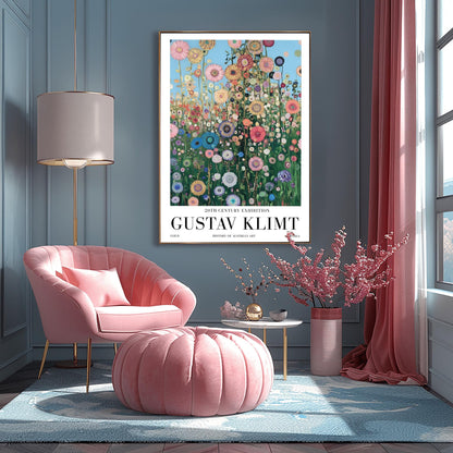 A vertical museum exhibition poster in the style of Gustav Klimt. A dense field of colorful, stylized wildflowers in pink, blue, and orange reaches upward toward a light blue sky filled with golden orbs. Each flower is detailed with mosaic patterns and gold leaf. Bold black text at the bottom reads "GUSTAV KLIMT" and "HISTORY OF AUSTRIAN ART."