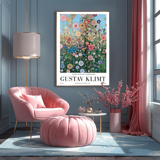 A vertical museum exhibition poster in the style of Gustav Klimt. A dense field of colorful, stylized wildflowers in pink, blue, and orange reaches upward toward a light blue sky filled with golden orbs. Each flower is detailed with mosaic patterns and gold leaf. Bold black text at the bottom reads "GUSTAV KLIMT" and "HISTORY OF AUSTRIAN ART."