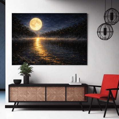 A horizontal landscape art print in the style of Gustav Klimt. A large, luminous golden moon hangs in a dark, starlit sky over a calm lake. A brilliant trail of golden light reflects across the dark water toward the viewer. Low-lying mist rolls across the lake's surface, and silhouetted dark trees line the distant shore. The overall color palette is a striking contrast of deep midnight blue and radiant metallic gold.