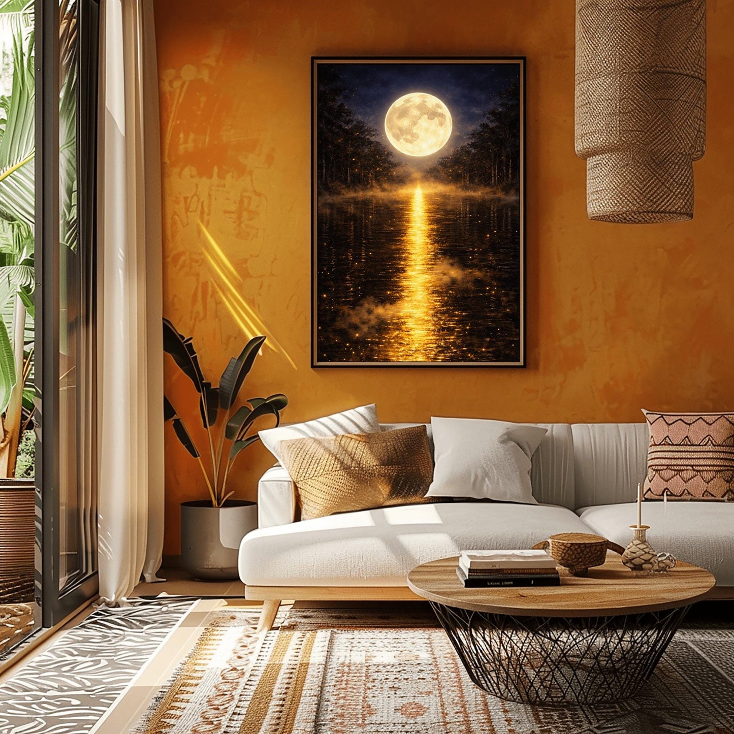 A vertical Art Nouveau-style illustration of a calm lake at night. A large, radiant golden moon is centered in the sky, reflecting a long, shimmering path of golden light vertically down the water. The shoreline is silhouetted by dark trees and a golden mist filled with fireflies.