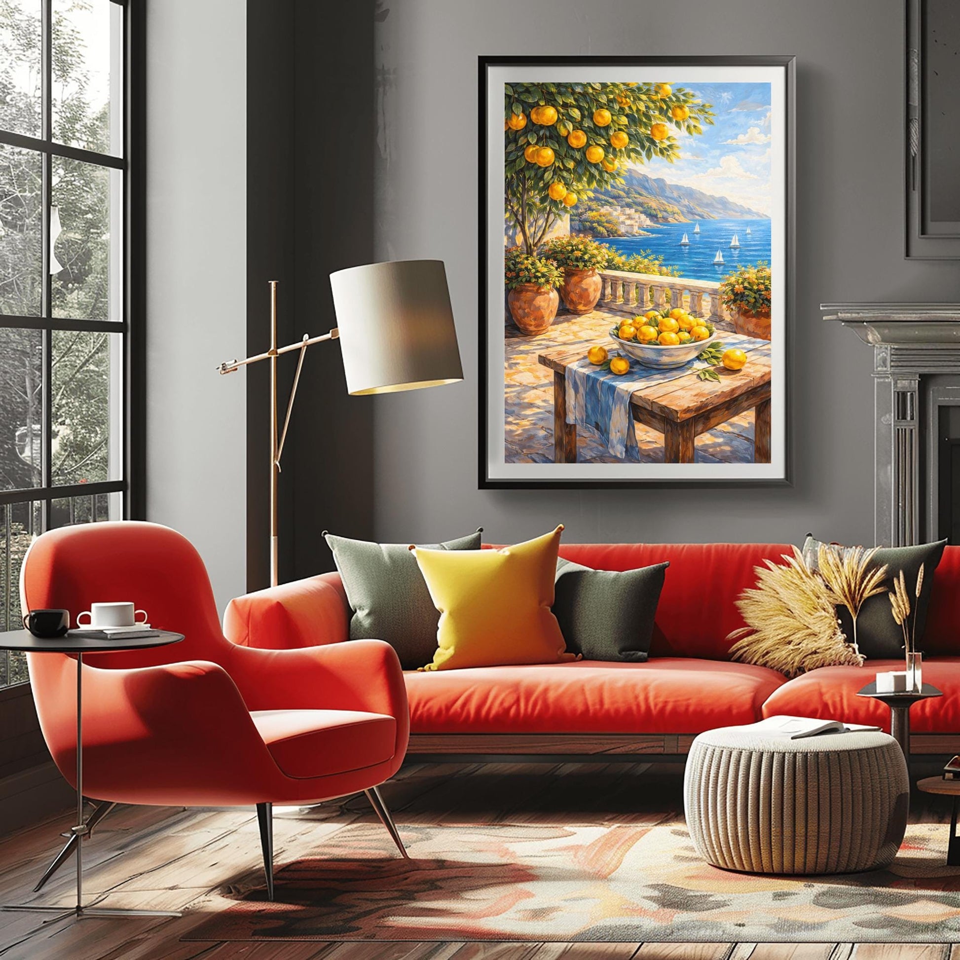 A vertical painterly illustration of a stone terrace overlooking a blue sea with sailboats. In the foreground, a wooden table holds a bowl of oranges and lemons. A citrus tree and flower-filled terracotta pots frame the view. Distant white-washed buildings sit on a coastline under a blue sky.