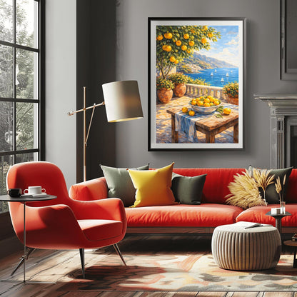 A vertical painterly illustration of a stone terrace overlooking a blue sea with sailboats. In the foreground, a wooden table holds a bowl of oranges and lemons. A citrus tree and flower-filled terracotta pots frame the view. Distant white-washed buildings sit on a coastline under a blue sky.