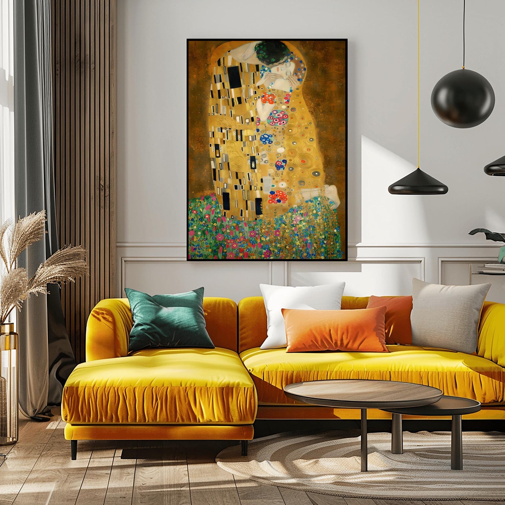 A vertical fine art print of "The Kiss" by Gustav Klimt. Two lovers are shown in an intimate embrace, their bodies covered in elaborate, decorative gold robes. The man's robe features black and white geometric shapes, while the woman's features colorful floral circles. They kneel on a lush bed of colorful wildflowers against a dark, shimmering gold background. The style is rich in mosaic-like patterns and Art Nouveau ornamentation.