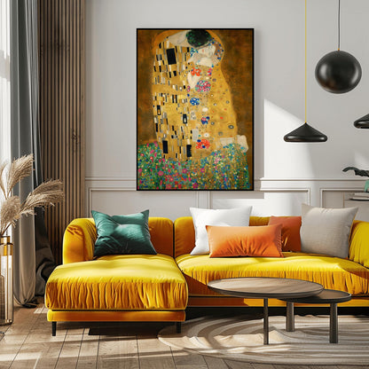 A vertical fine art print of "The Kiss" by Gustav Klimt. Two lovers are shown in an intimate embrace, their bodies covered in elaborate, decorative gold robes. The man's robe features black and white geometric shapes, while the woman's features colorful floral circles. They kneel on a lush bed of colorful wildflowers against a dark, shimmering gold background. The style is rich in mosaic-like patterns and Art Nouveau ornamentation.
