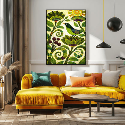 A vertical folk-style art print. A green-headed bird with a blue and purple striped wing sits on a large, stylized green flower. Swirling vines and leaves in various shades of green fill the bottom half of the frame, accompanied by a cluster of dark purple berries. In the top right corner, a bright yellow sun with concentric circles and rectangular rays shines down. The background is a textured off-white with fine, rhythmic brushstrokes throughout the composition.