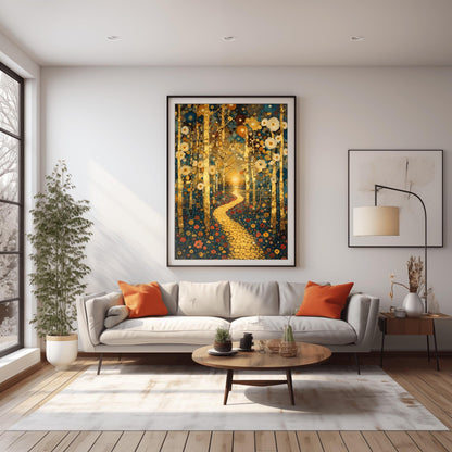 A vertical fine art landscape in the style of Gustav Klimt. Textured gold leaf birch trees frame a winding path made of golden mosaic discs. The path leads toward a sun setting over a lake in the background. The scene is filled with stylized flowers on the ground and decorative blue and cream circular motifs in the sky.
