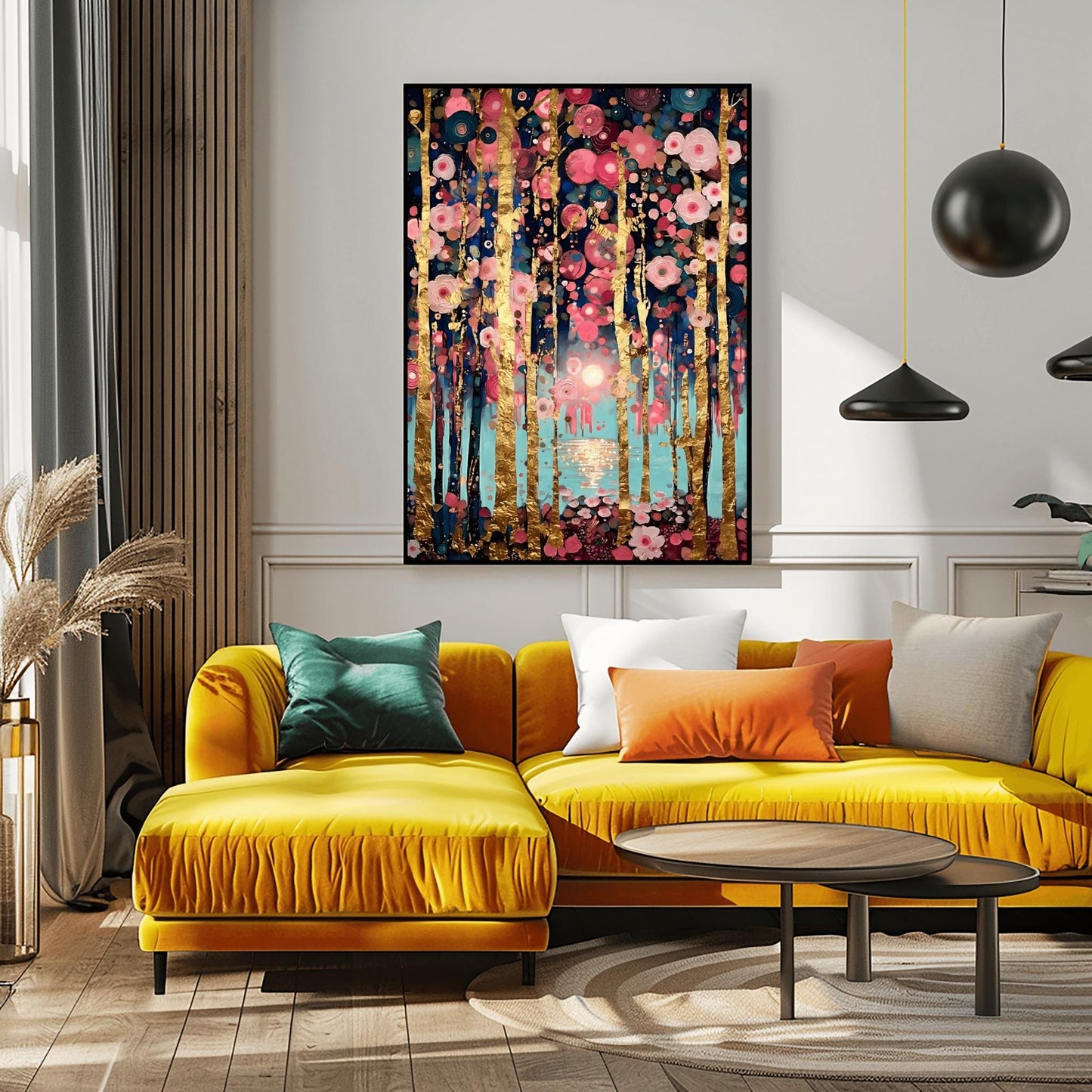 A vertical, highly detailed oil painting in the style of Gustav Klimt. Slender birch tree trunks with gold-leaf textures are surrounded by a dense field of pink, rose, and white circular floral mosaics. In the background, a soft sun reflects over a blue lake. The overall style is rich in texture with a sophisticated pink and gold color palette.