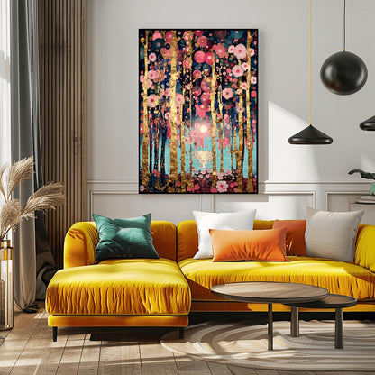 A vertical, highly detailed oil painting in the style of Gustav Klimt. Slender birch tree trunks with gold-leaf textures are surrounded by a dense field of pink, rose, and white circular floral mosaics. In the background, a soft sun reflects over a blue lake. The overall style is rich in texture with a sophisticated pink and gold color palette.